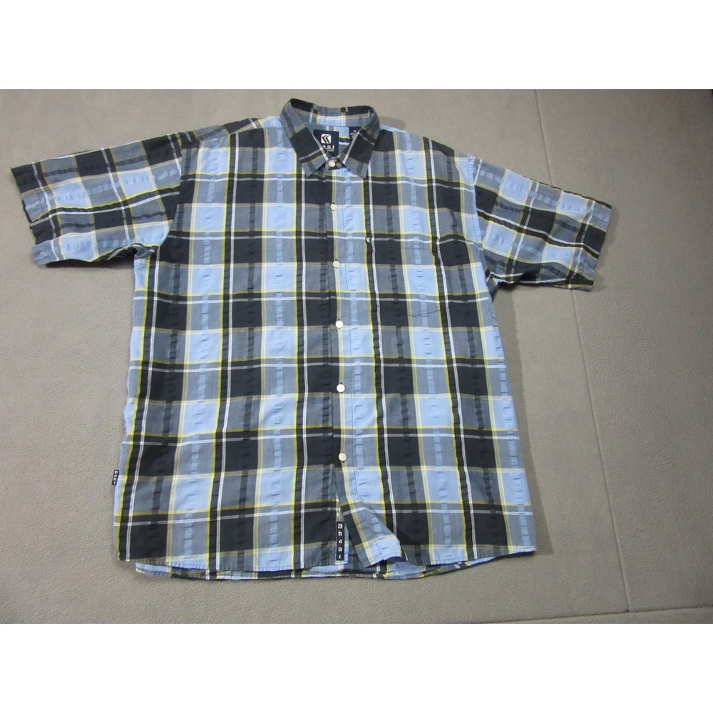 Kani Jeans Shirt Mens XL Blue Black Buffalo Plaid Vtg 90s Hip Hop Short Sleeve